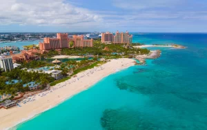 Paradise Beach aerial view and The Royal Cove Reef Tower at Atlantis Hotel on Paradise Island, Bahamas.