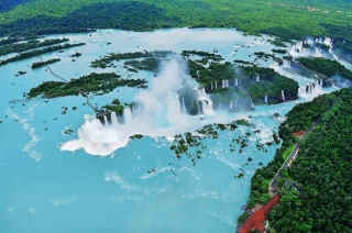 Iguazu waterfalls from helicopter. Border of Brazil and Argentina.
