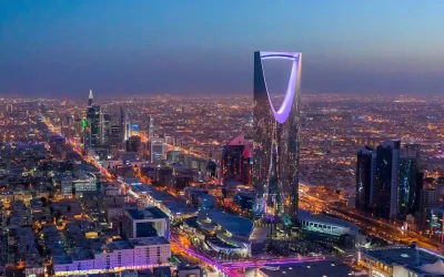 Arabia Saudita Riyad skyline at night