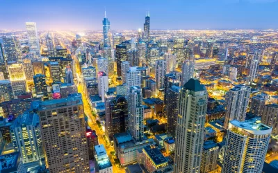 Chicago Aerial view of downtown towers at sunset