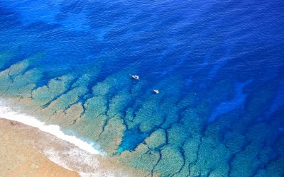 Cristalline blue lagoon waters of West Reunion island and white sand beach