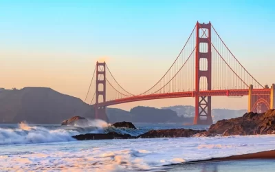 Golden Gate Bridge view from Baker Beach at sunset in San Francisco