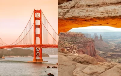 Golden Gate bridge and Mesa Arch, Canyonlands National Park in southeastern Utah, USA