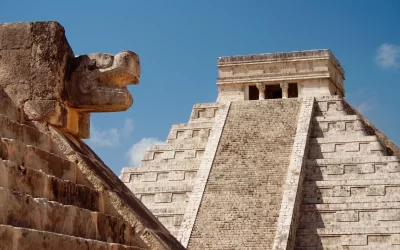 Mayan Pyramid of Kukulkan El Castillo as seen from the Platform of the Eagles and the Jaguars, Chichen Itza, Mexico.