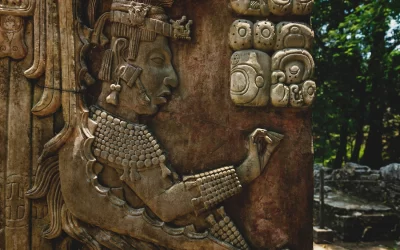 Mayan king and signs at the archaeological site of Palenque, Chiapas, Mexico