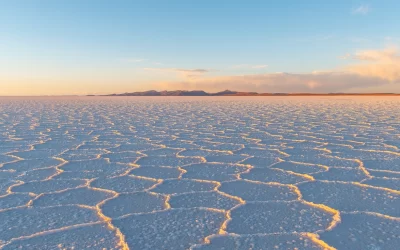 Uyuni salt flat desert sunset panorama, Bolivia.
