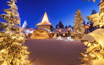 Winter night view of Santa Claus Village in Rovaniemi in Lapland in Finland.