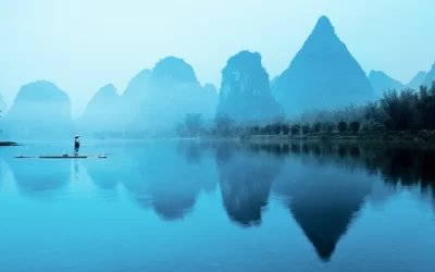 beautiful karst mountain landscape with bamboo raft in yangshuo,guilin,China